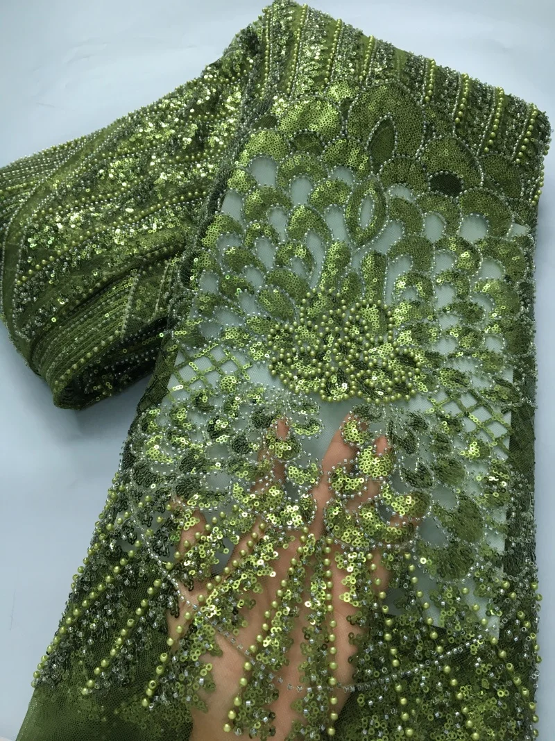 

French Mesh Lace Beads Fabric with Sequins Luxury Wedding Dresses African Net Lace and Fabric High Quality For Women,2.5Yard4208