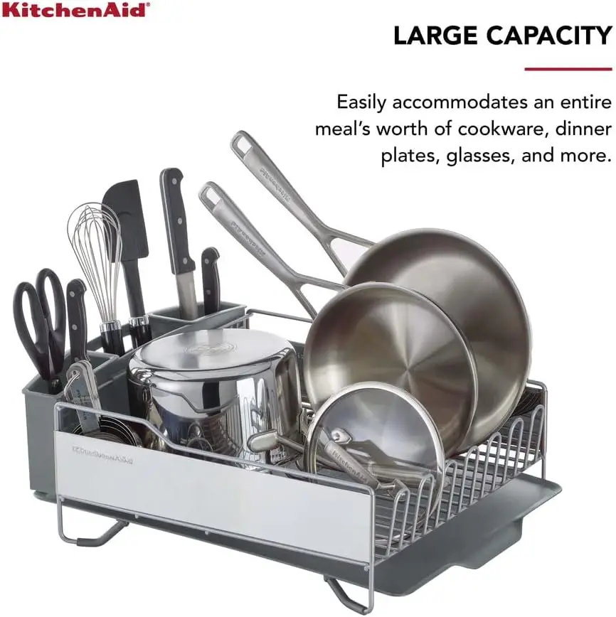 Kitchenaid-prateleira de cozinha de grande capacidade, tamanho completo, prateleira sem ferrugem, placa de drenagem e transportador de talheres removível, cinza claro