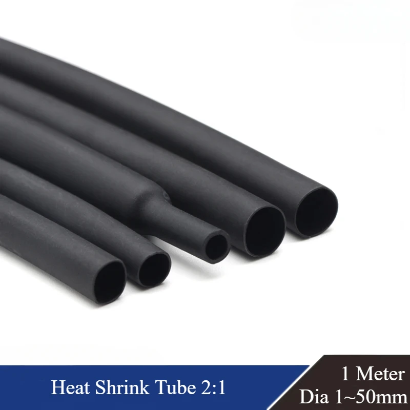 1 Meter Black Dia 1 2 3 4 5 6 7 8 9 10 12 14 16 20 25 30 40 50 mm Heat Shrink Tube 2:1 Polyolefin Thermal Cable Sleeve Insulated