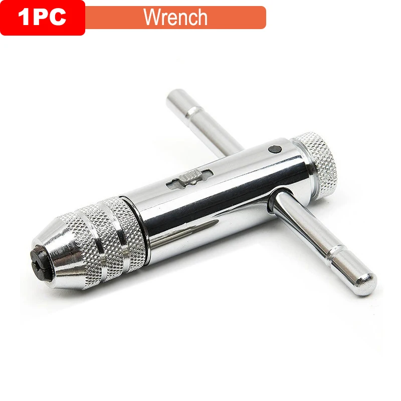 Adjustable Silver T-Handle Ratchet Tap Holder Wrench with 5pcs M3-M8 3mm-8mm Machine Screw Thread Metric Plug T-shaped Tap