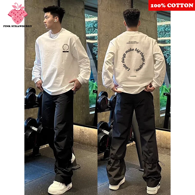 

American Letter Print T-shirt Men Autumn 2025 New 100% Cotton Long sleeve Loose Casual Gym Workout Shirt Y2k Top mens clothing
