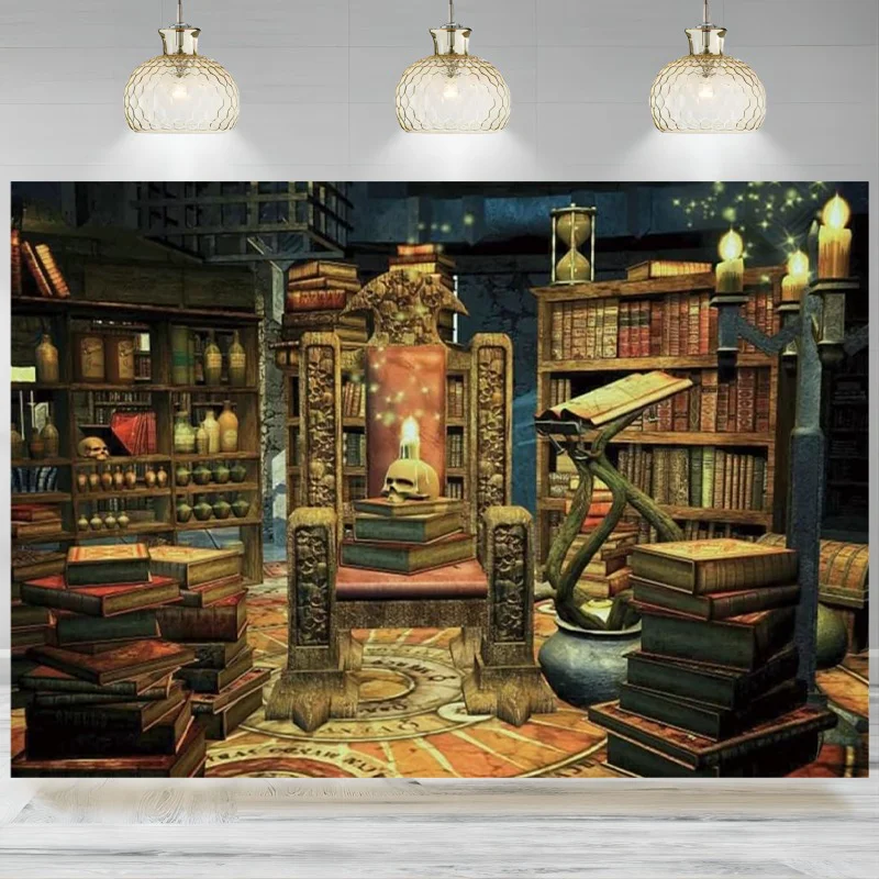 

Medieval Magic Room Backdrop Vintage Bookshelf Magical Potion Wizard Banner Library Skull Photography Background Halloween Deco