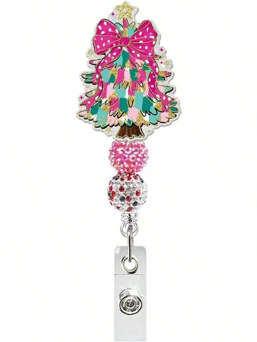 Christmas Tree Badge Reel Pink Bow Winter Tree Badge Holder Retractable ID Name Tag With Beads Cute Holiday Christmas Acrylic Alligator Badge Clip For Nurses Nursing Gifts Work Accessories Essentials SS260905144522195425206