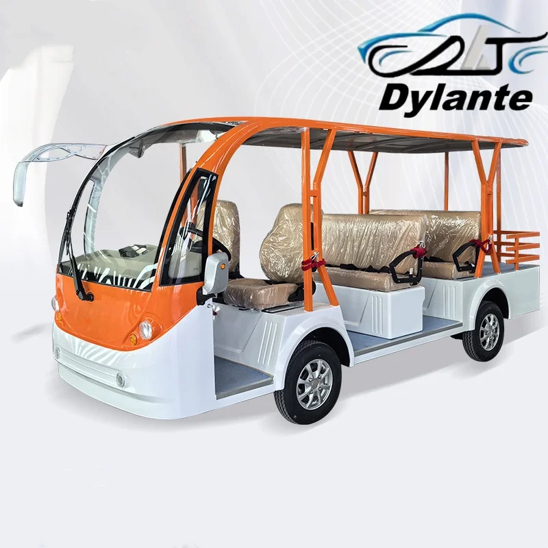 Hot Selling Electric Car Closed Tourist Bus 11 & 14 Seater 400W Solar Panels Powered Shuttle Sightseeing Bus With LED Lights