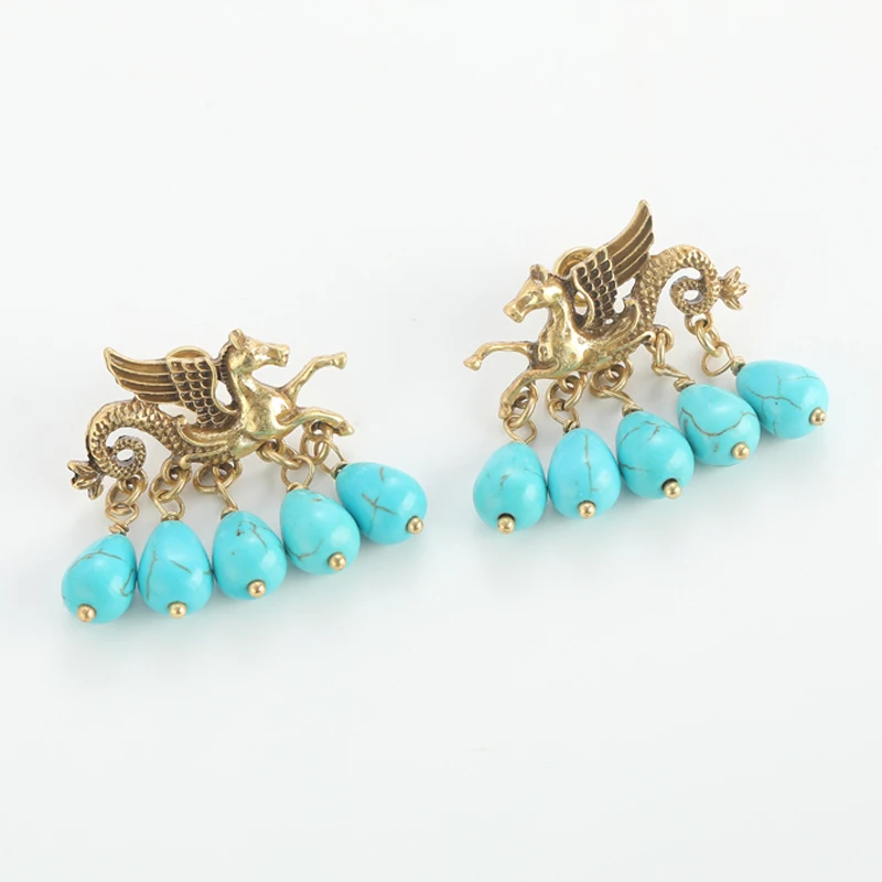 Vintage-Ohrringe mit fliegendem Pferd und türkisfarbenen Wassertropfen, trendiger Luxus-Geometrie-Art-Deco-Schmuck für Freundin, Kleidung, Kleideraccessoires, Jahrestag, Markendesign, hochwertiges