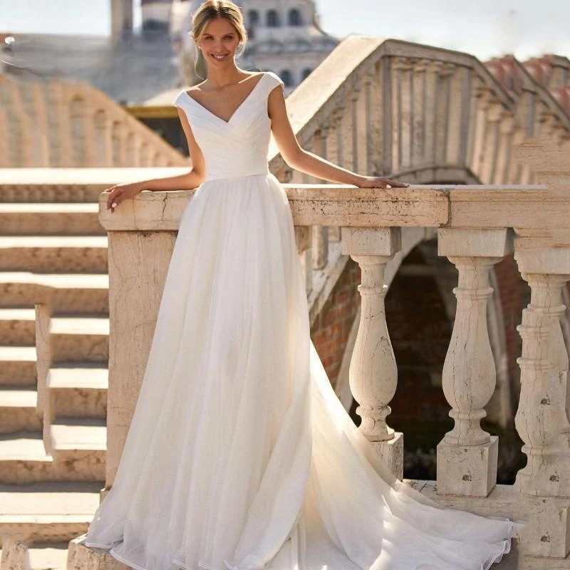 Wedding Dresses Women 2025 White Open Back V-Neck Cap Sleeves Chiffon Bridal Gowns For Women Customize To Measures Elegant