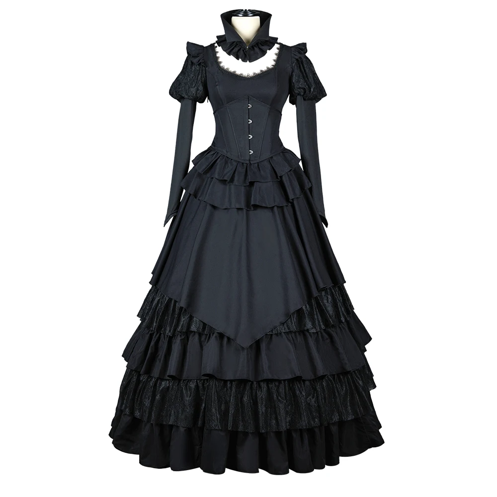 MEOWCOS Women Romance Victorian Gothic Black Dress Vintage Court Style Multi Layered Dress with Collar and Corset