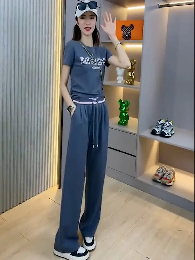 Casual American Print Short Sleeve T-Shirt Wide Leg Pants Two Piece Set Summer New Arrival Minimalist Style Women's Ensemble