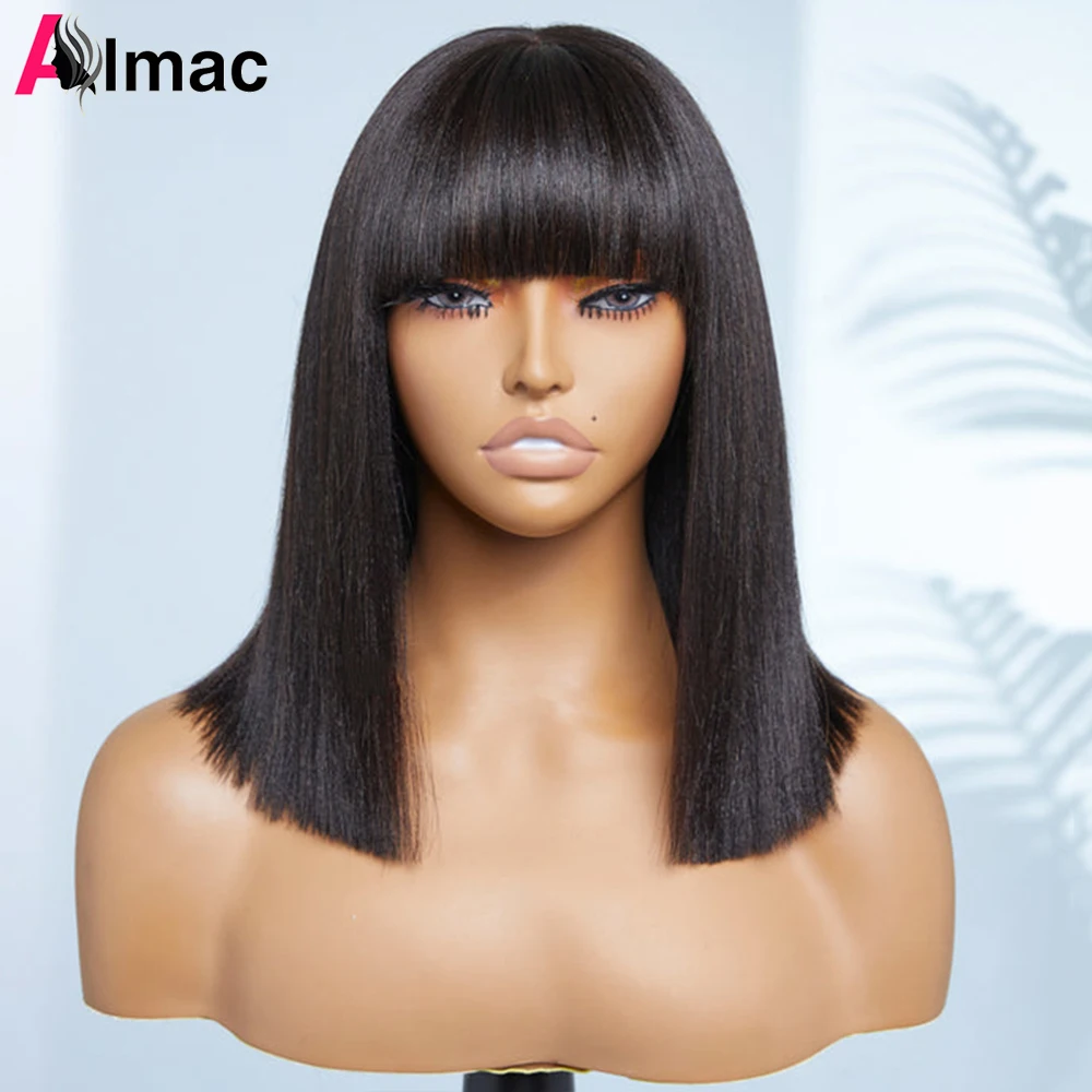 

Ready to Go Yaki Straight Short Bob Wig With Bangs 2x1 Lace Glueless Virgin Remy Human Hair Undetectable Lace Blunt Cut Bob Wig