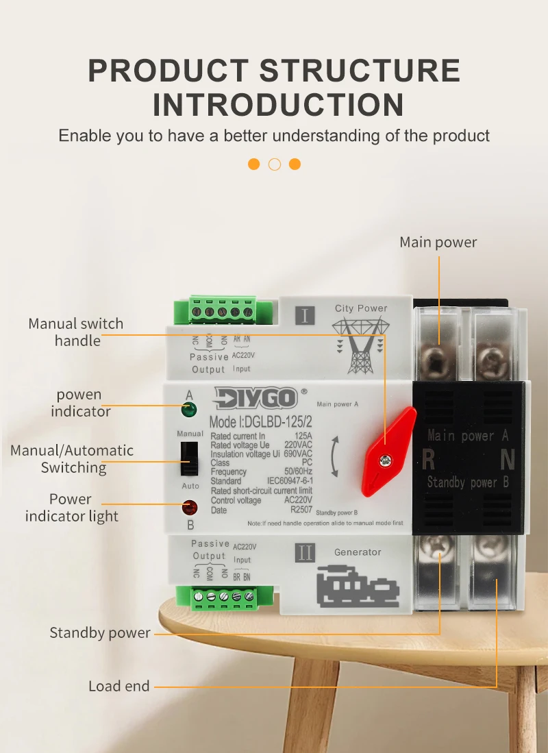 DIY GO Unterbrechungsfreier ATS Dual-Power Automatischer Transferschalter Elektrischer Wahlschalter Stromversorgung für Generatoren – Detail 3