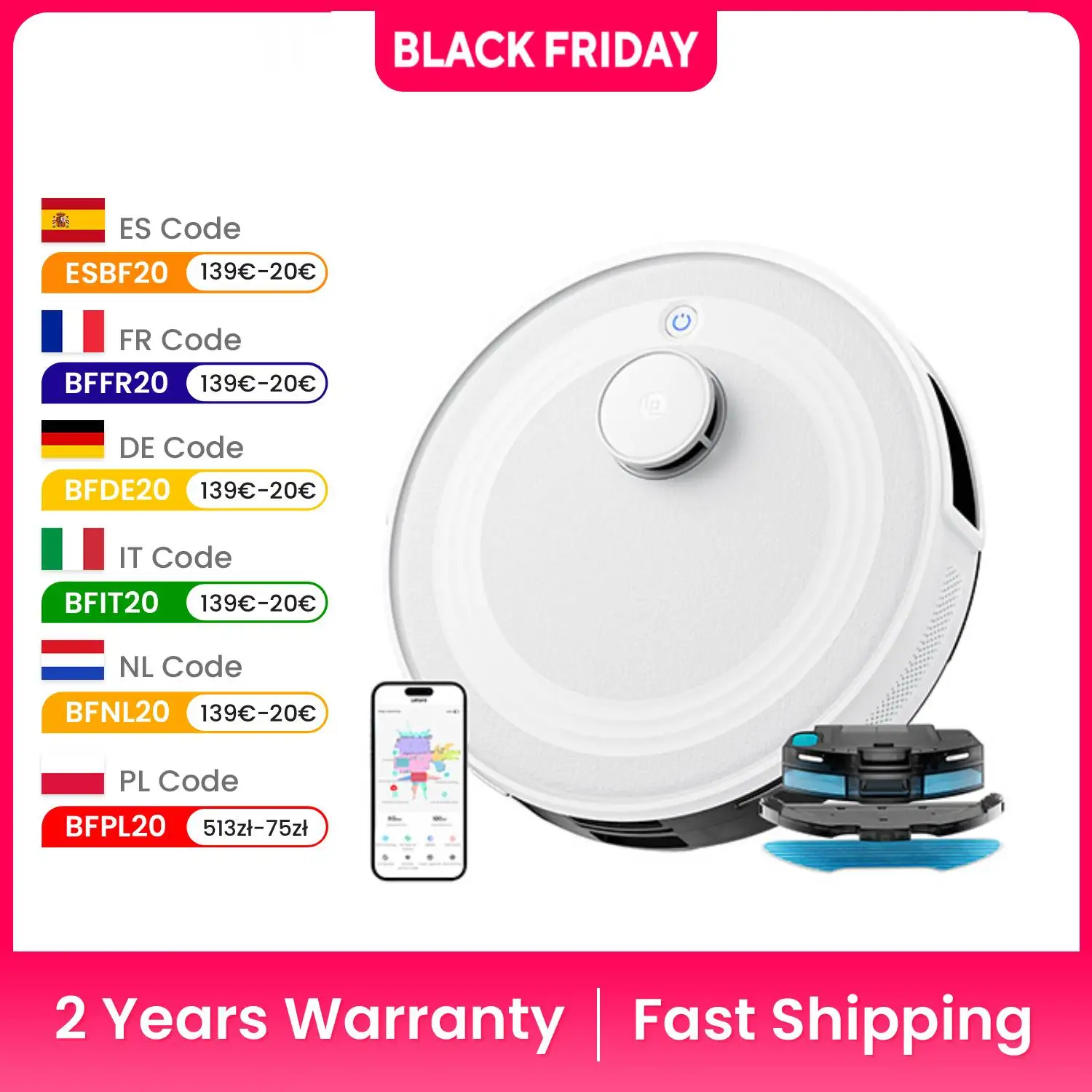 เครื่องดูดฝุ่นหุ่นยนต์ LEFANT M2 พร้อมไม้ถูพื้น, การดูด 5500Pa, การนําทางด้วยเลเซอร์ dToF, การทําความสะอาดพื้นที่ที่เลือก, เหมาะสําหรับขนสัตว์เลี้ยง