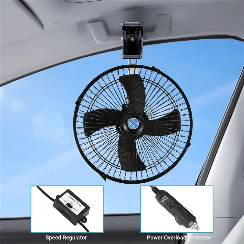 A85E-10 Inch 12V Car Electric Fan Adjustable Speed Oscillating Cooling Fans With Clip For Home Travel Car Truck
