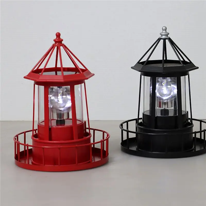 SHGO Solar-Powered Rotating Beacon Light, Iron Adornment Lighthouse Garden Decor, Landscape Lamp, Outdoor Solar Lighthouse for