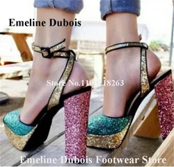 Bling Bling Patchwork Glitters Sandals Emeline Dubois Peep Toe Sequined High Platform Chunky Heel Dress Shoes Wedding Heels