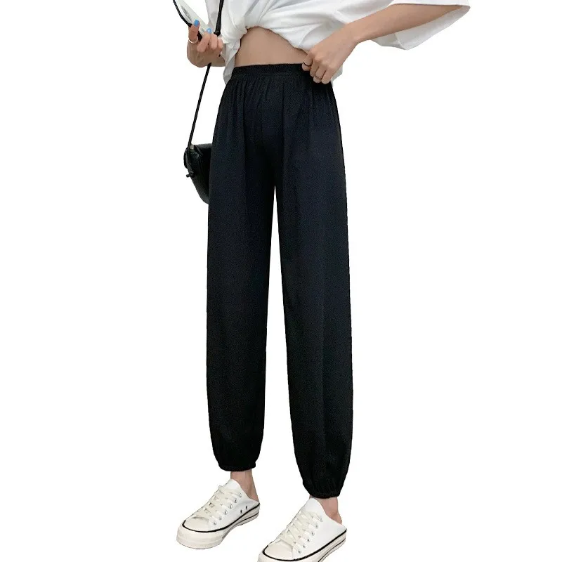 Pantalones de chándal informales finos de verano con puños sueltos de seda de hielo, pantalones farol de pierna ancha para mujer, pantalones Harlan de poliéster y LICRA de cintura alta