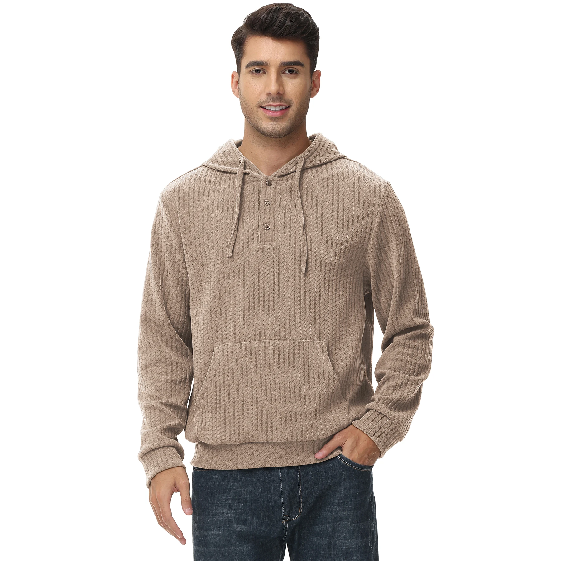 Solid Color Men's Hoodies Lightweight Button Neck Casual Pullover Sweatshirt With Kangaroo Pocket