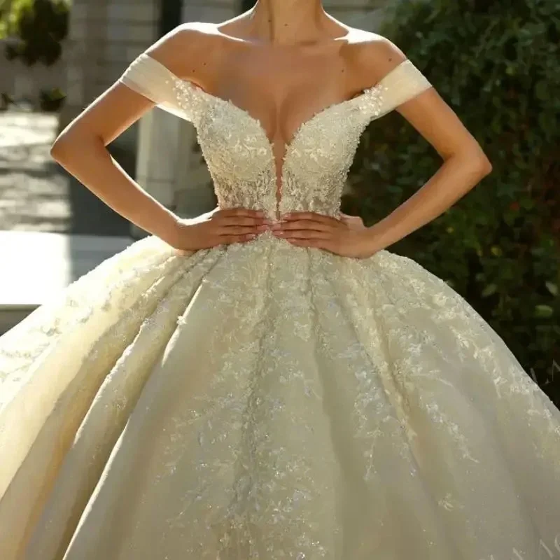 플라빈케 맞춤형 민소매 볼 가운 웨딩 드레스 오프숄더 아플리케 공주 신부 플러스 사이즈 웨딩드레스