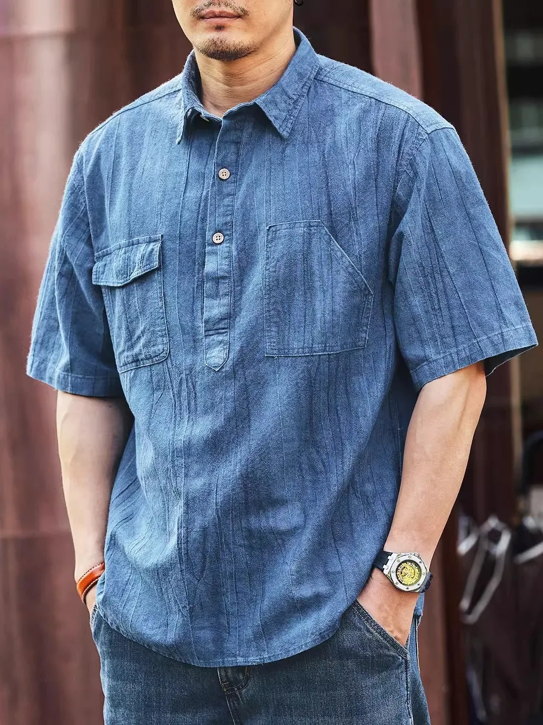 

Loose Ice Silk Cool Feeling ort Sve Men's irt Vintage American Sle Summer Thin irt f Sve Breathable Cotton