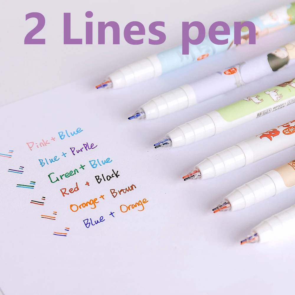 30PCs kawaii stationery novelty 2 lines pen 0.5mm Double Line Two Colors Marker Pen Art Drawing Colorful Gel Pen School Supplies