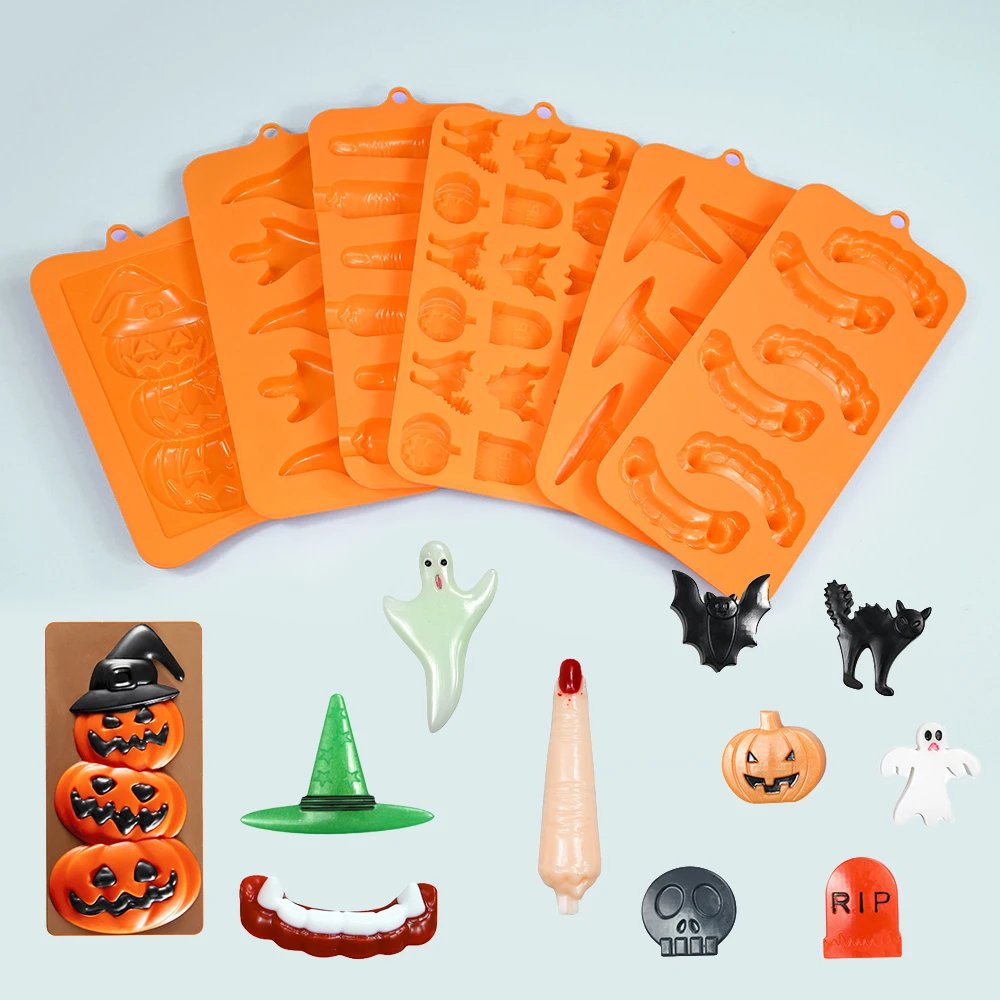 Halloween Mold Pumpkin Skull Ghost Spider Witch Bat Tombstone Design DIY Chocolate Mold Halloween Elements Silicone Cake Mould