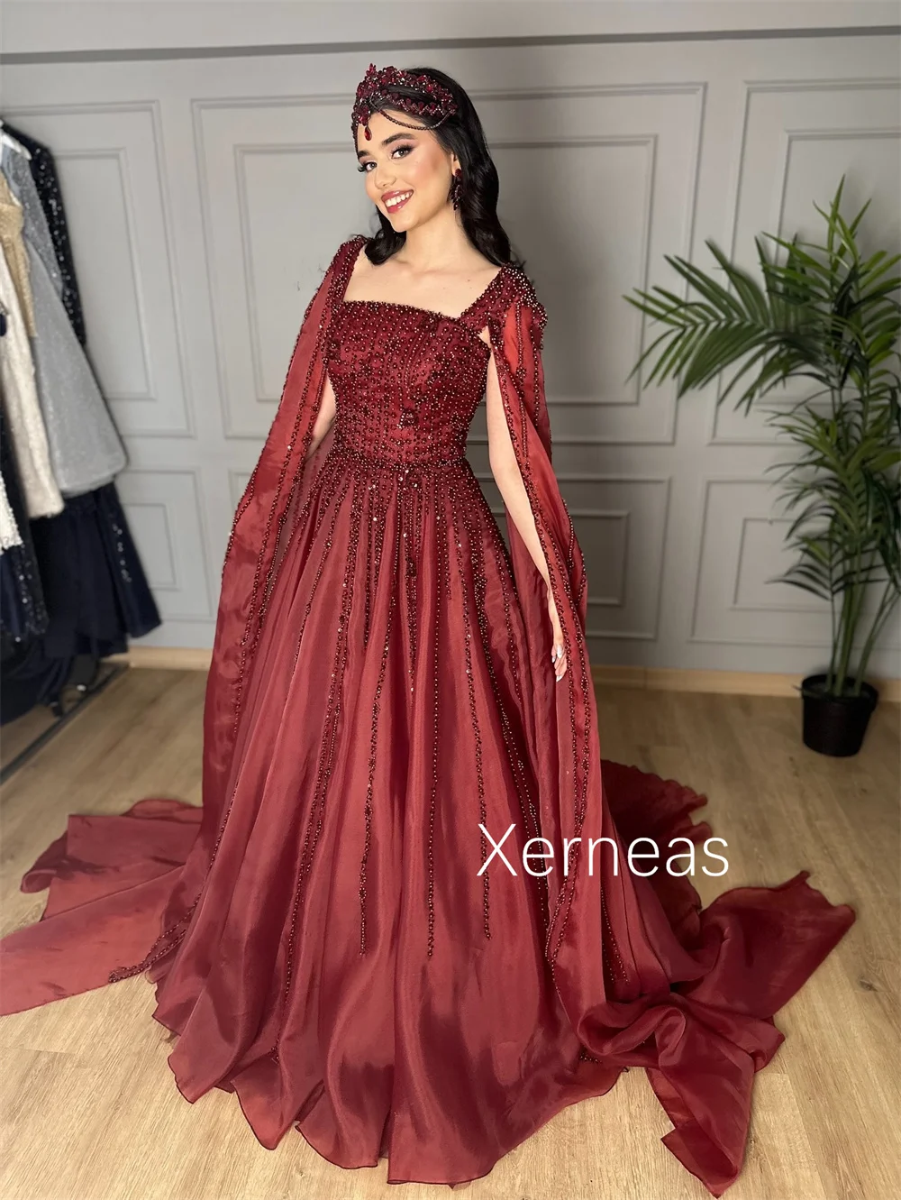 Customized High Quality Organza Pearl Pattern A-line Square Neck Long Dresses Bespoke Occasion Elegant Simple