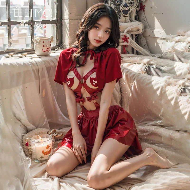 فستان مجوف برباط أنيمي مع ساعة للنساء ، زي تنكري لركوب الخيل أحمر صغير ، زي هالوين ، لعب دور الساحرة ، ملابس داخلية ، زي موحد