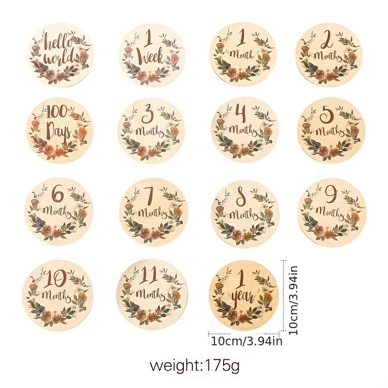 15PCS Floral Baby Monthly Milestone Cards Newborn Photography Props to Document Your Baby´s Growth Wooden Circles/Discs