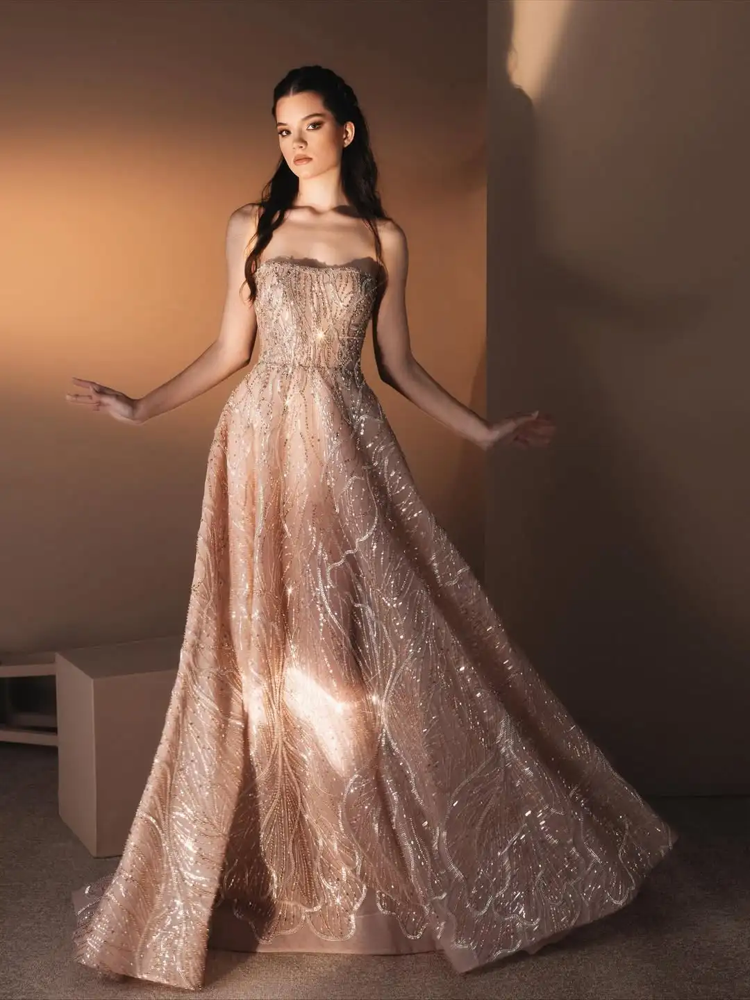 

Ofherown Luxury Beaded Sequis Evening Dresses Champagne A-Line Strapless Prom Gowns Birthday Party vestidos de fiesta Customized