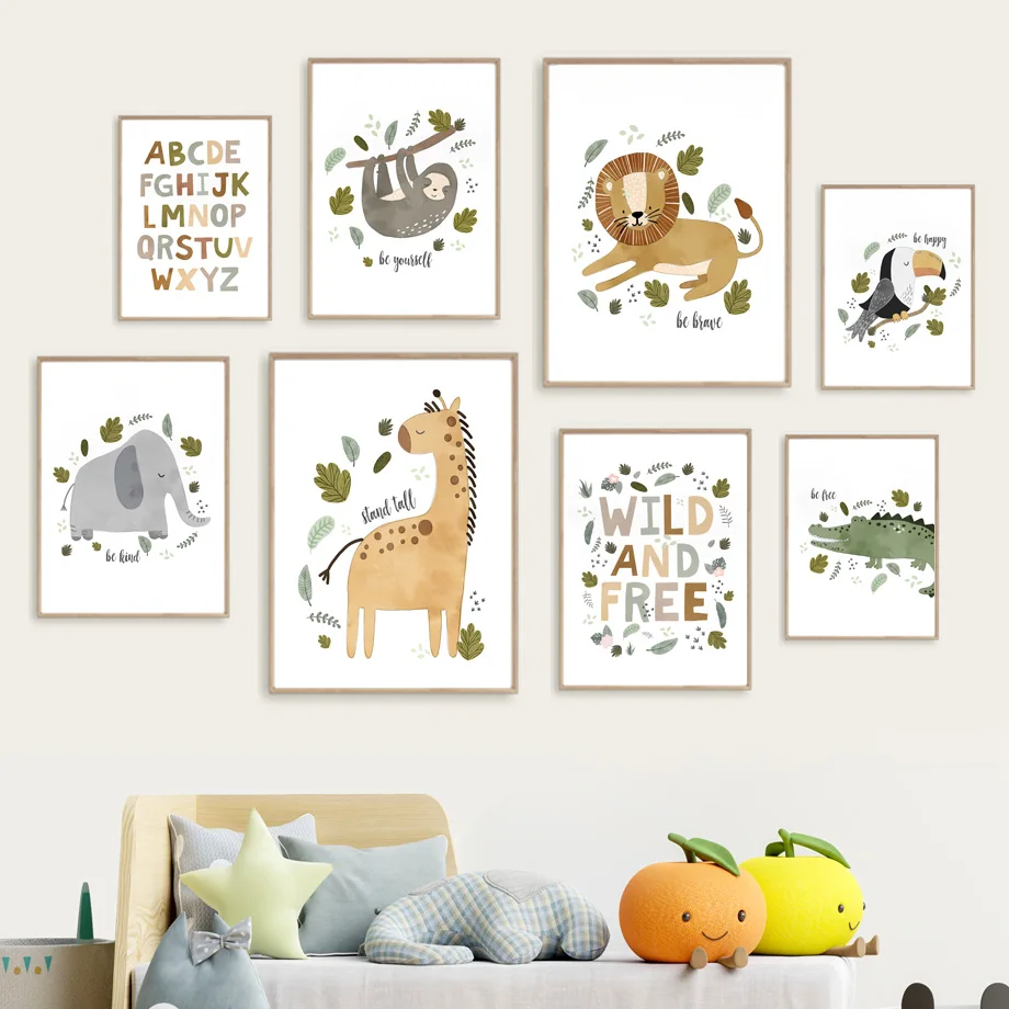 

Cartoon Giraffe Lion Elephant Tiger Toucan Crocodile Wall Art Canvas Painting Children's Posters and Prints Baby Kids Room Decor