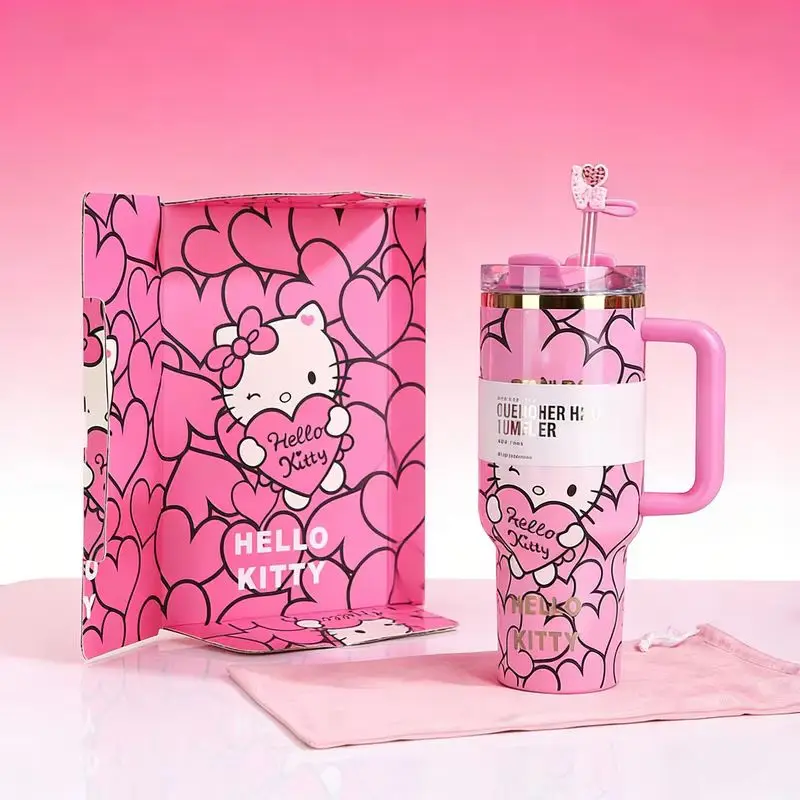 

Термокружка Hello Kitty Quencher 1,18 л с ручкой, красно-розовая, портативная, для автомобиля, аниме-подарок, мерч для фанатов