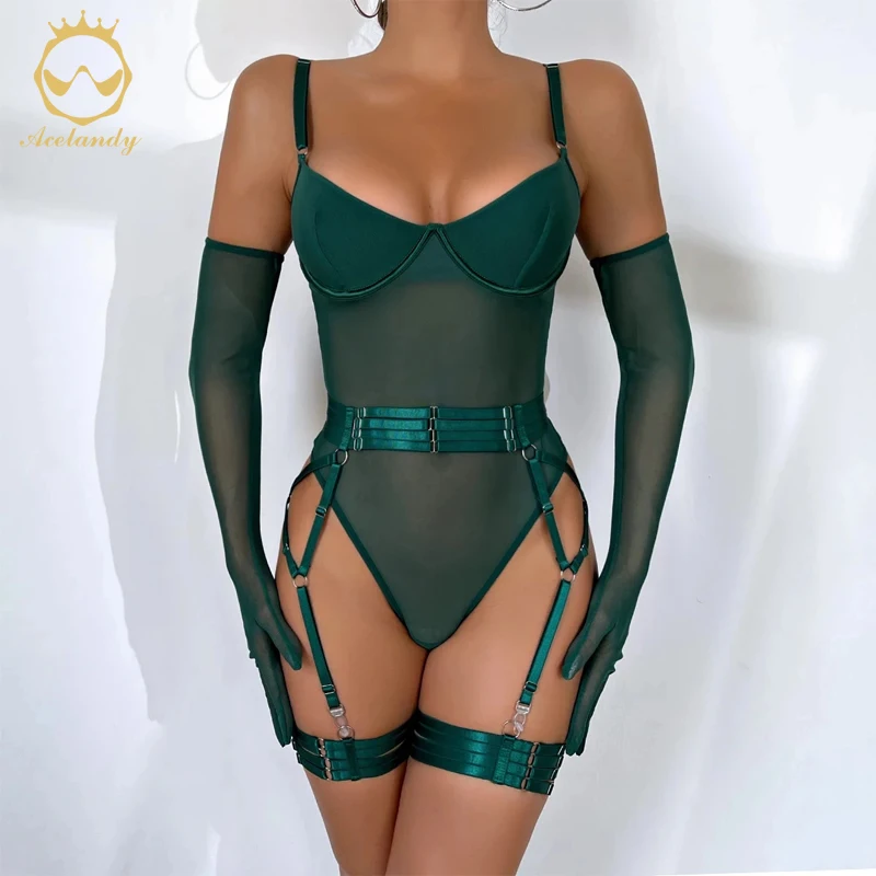 Sexy Women Corset Elasticity Temptation Bodysuit Lace Mesh Underwear Slimming Breathable With Glove 3 Piece Lingerie