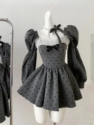 Women Elegant Prom Gown Girl Fairy Dress Mini Frocks Long Sleeve Polka Dot One-Piece Evening Coquette Party 2000s Y2k Birthday