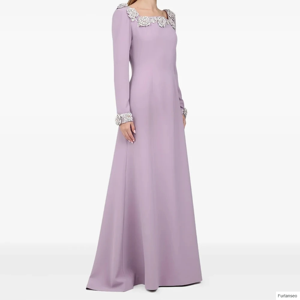

A-line Women's Evening Dresses Floor-length Suqare Collar Full Sleeve Prom Gown Fashion Crystal Flowers Draped Customized Gowns