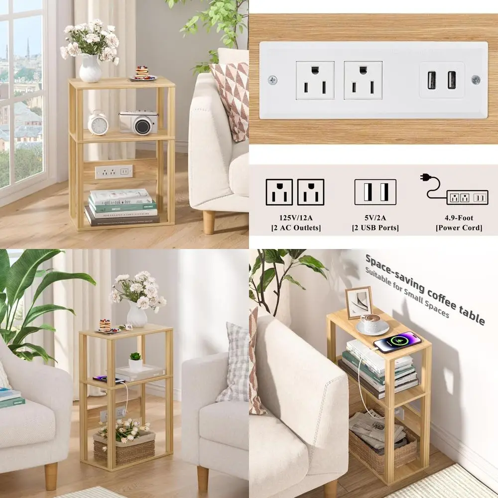 

Компактный бамбуковый трехъярусный приставной столик Duo с зарядными портами — тонкая тумбочка для плотных помещений, хранения и USB-розетки, натуральный Fini