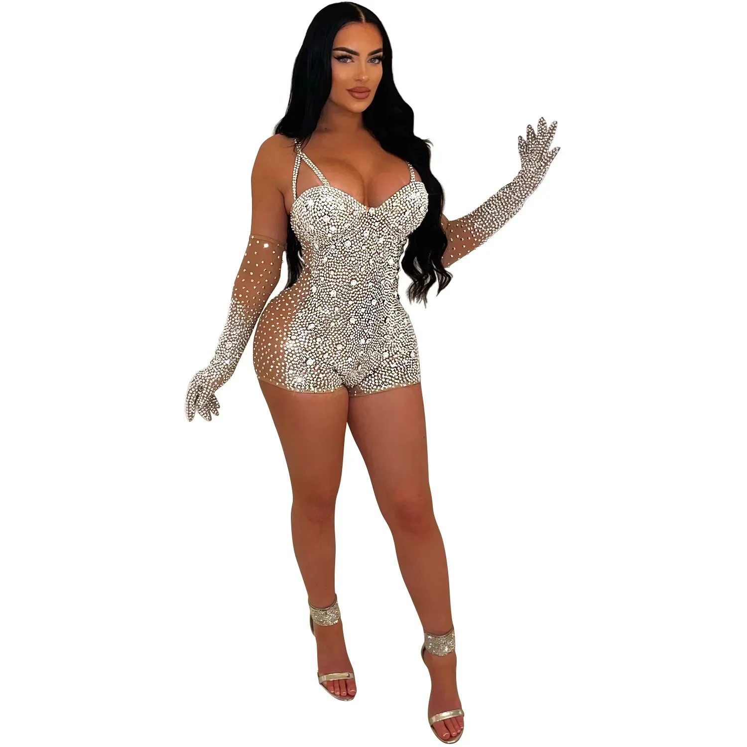 Summer Women Bodycon Sheer Mesh Rhinestone Sexy Playsuits with Gloves Hot Drilling Night Club Party One Piece Bodysuits Rompers