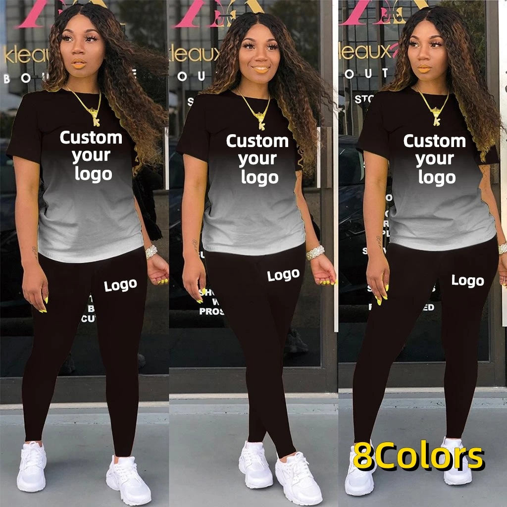 Two Piece Set Women Tracksuits Sets DIY Printed Personality Short Sleeve T shirts + Pants Sports Suit Custom your logo For Women