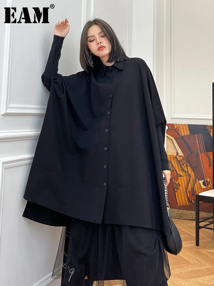 [EAM] Women Black Irregular Big Size Long Blouse New Lapel Long Sleeve Loose Fit Shirt Fashion Tide Spring Autumn 2024 1DF0333