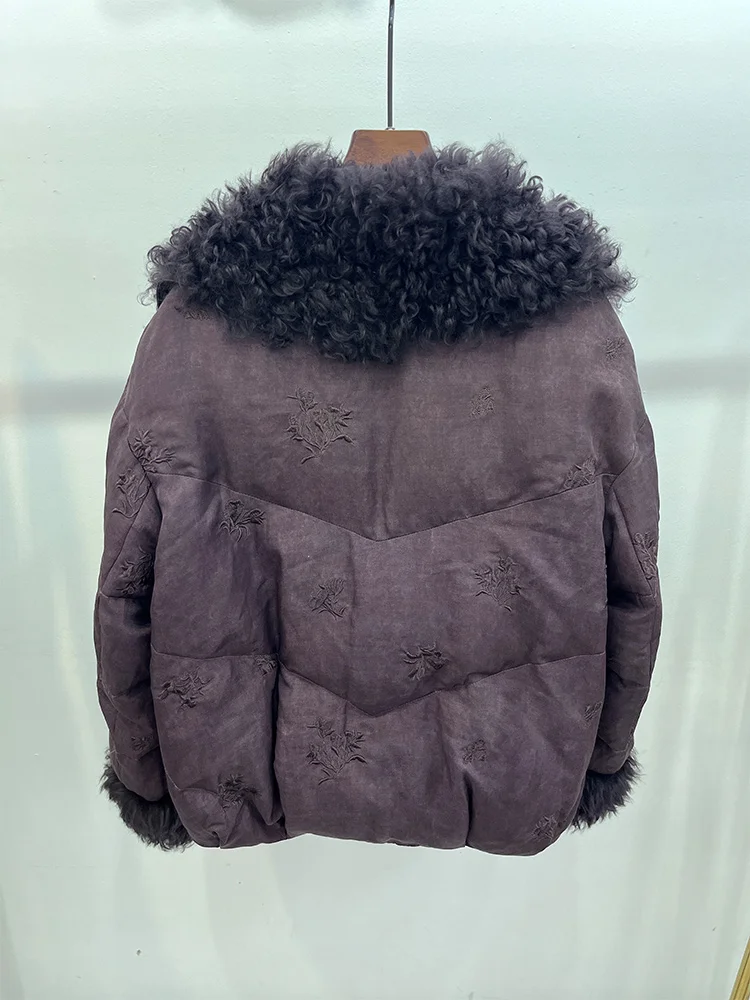 2025 Winter Natrual Real Sheep Lamb Fur Collar Women's Warm Denim Coat Goose Down Jacket Luxury Thick Outwear Female Coats