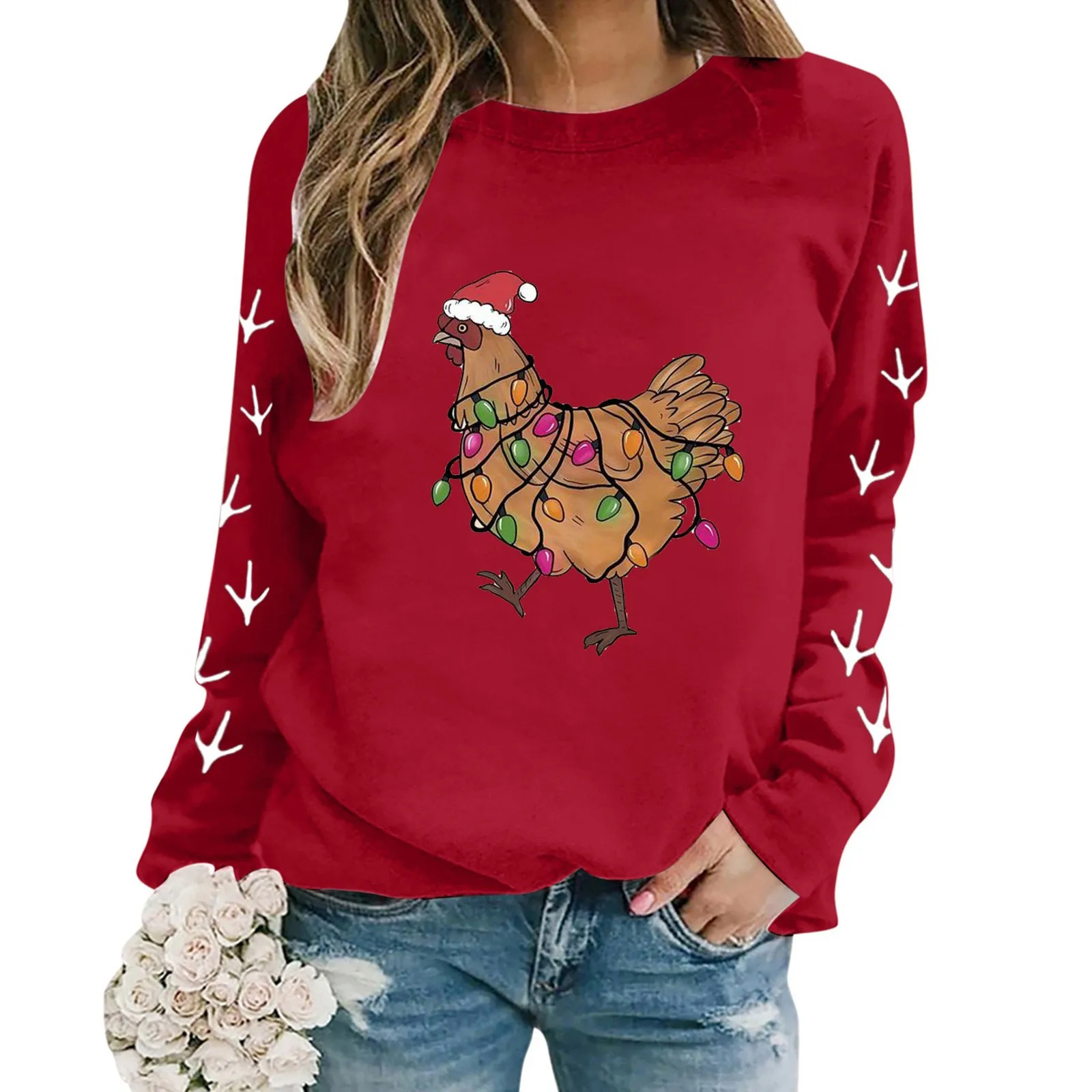 Loose Fit Festive Sweatshirts Christmas Oversize Long Sleeve Pullover Crewneck Chicken Printed Lightweight Hoodies Women