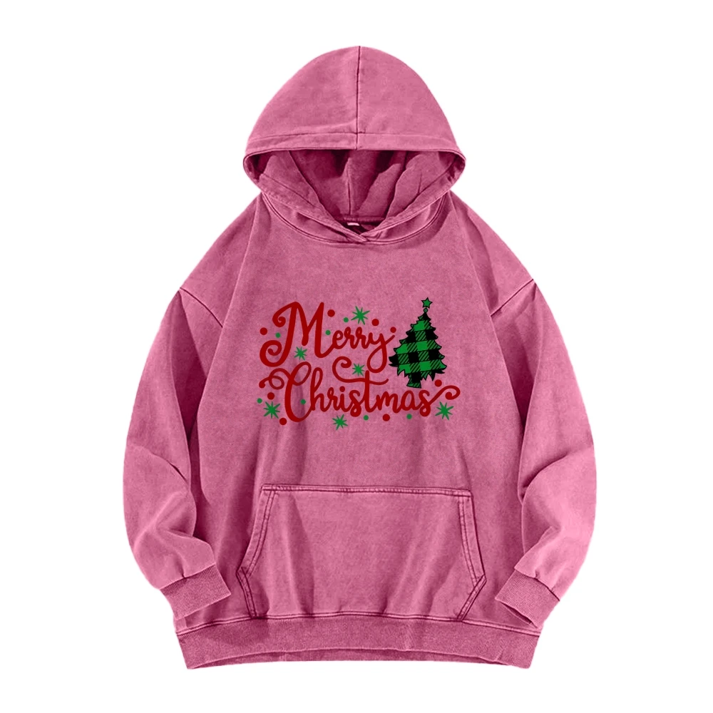 Merry Christmas Casual Washed Unisex Hoodie Festive Stars Snowflakes Christmas Tree Patterns Sweatshirt Vintage Women’s Sweater