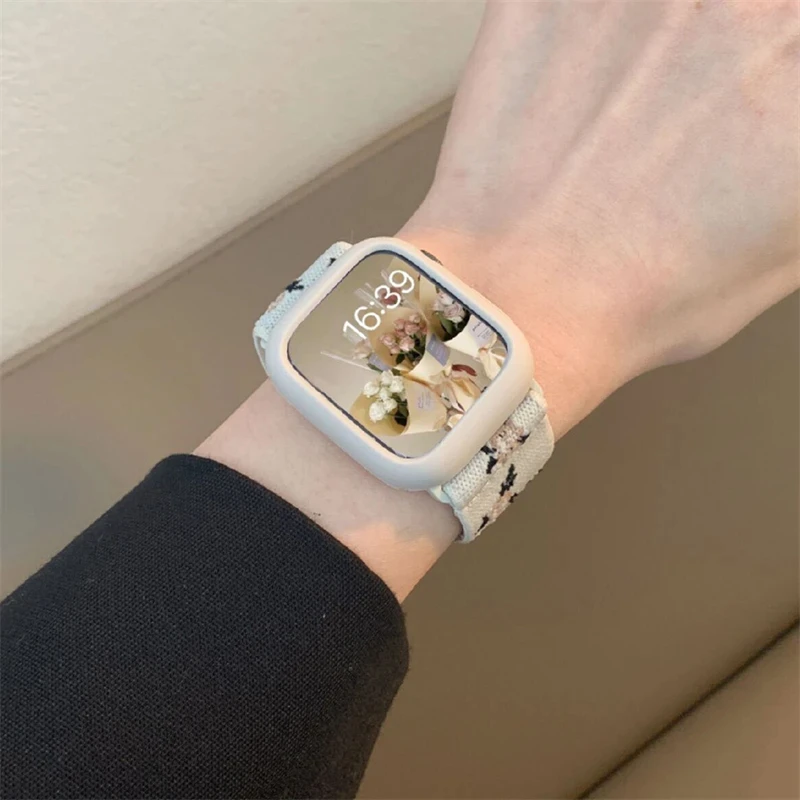 Ретро ремешок с цветком + чехол для Apple Watch, ремешок 49 мм, 40 мм, 44 мм, 45 мм, 41 мм, 38 42 мм, эластичный нейлоновый ремешок для iWatch Serie 3 4 5 6 SE 7 8