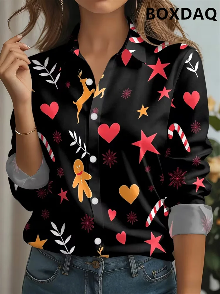 Autumn And Winter Women's Outdoor Blouse New Casual Long Sleeved Lapel Button Christmas Snowflake Pattern Printed Loose Shirts
