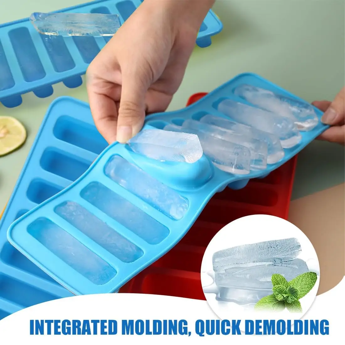 10 Cavities Long Strip Ice Cube Tray Easy Push Pop Out Narrow Ice Stick Cubes for Sports Water Bottles Multicolor
