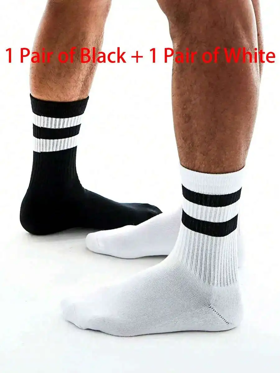 

Mens Black And White Striped Sports Socks Mid-Calf Crew Length For Adults