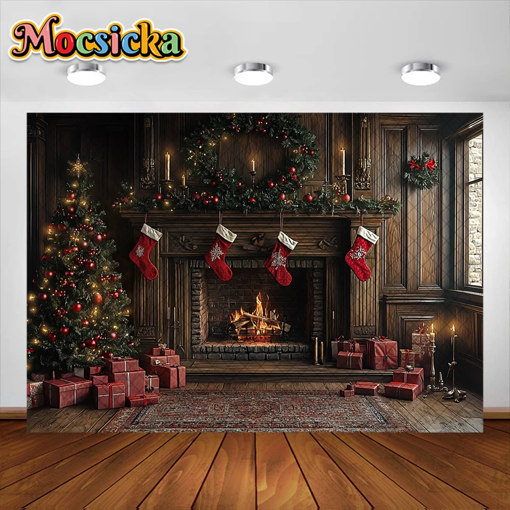 Fond de photographie de chambre de Noël, arbre de Noël, cheminée, décoration de guirxiété, adultes, enfants, portrait de vacances, décors photo, studio