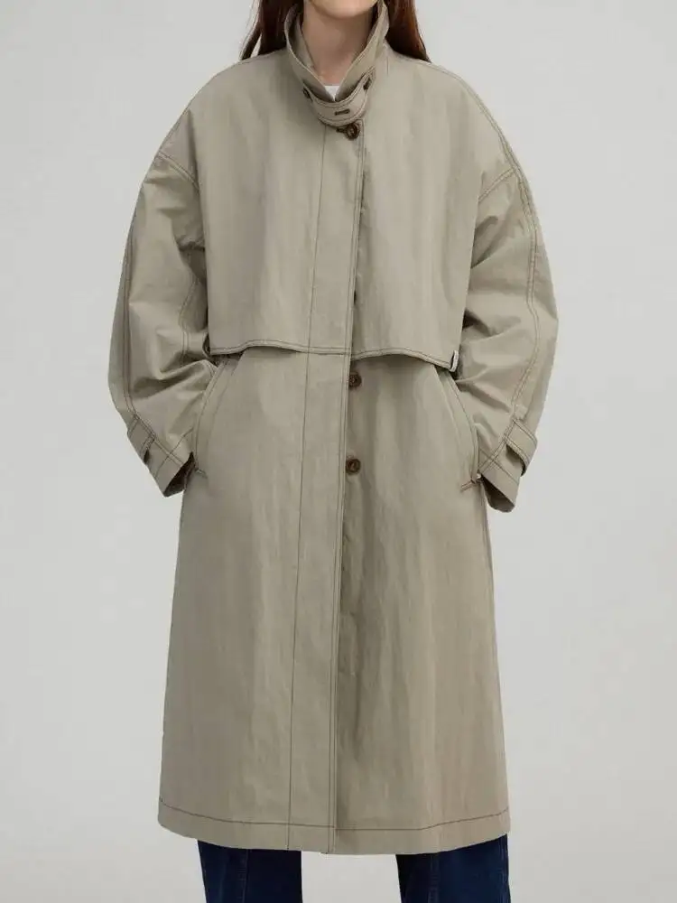 TLXT-Chaqueta cortavientos larga informal con cuello levantado para mujer, ropa de abrigo ligera de talla grande de Color sólido con bolsillos