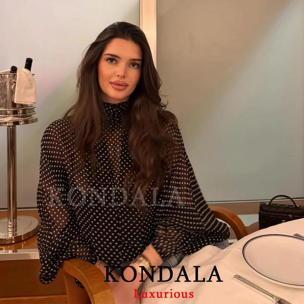 KONDALA بلوزات شيفون مثيرة مطبوعة بنقاط وأكمام طويلة وربطة عنق قمصان فضفاضة موضة 2026 لربيع وصيف ملابس علوية شفافة أنيقة