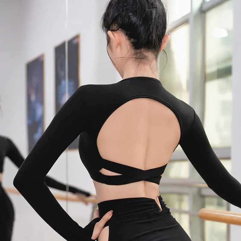 New Adult Women Stylish Slim Long Sleeve Top Padding Hollow Back Style Suitable for Latin Ballroom Standard Daily Training