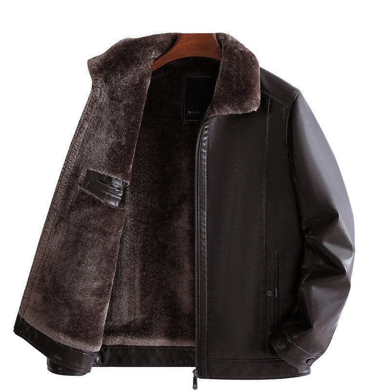 Winter New Fashionable Warm Leather Coat Collar up Casual Style Integrated Fur Jacket for Middle-Aged And Elderly Men