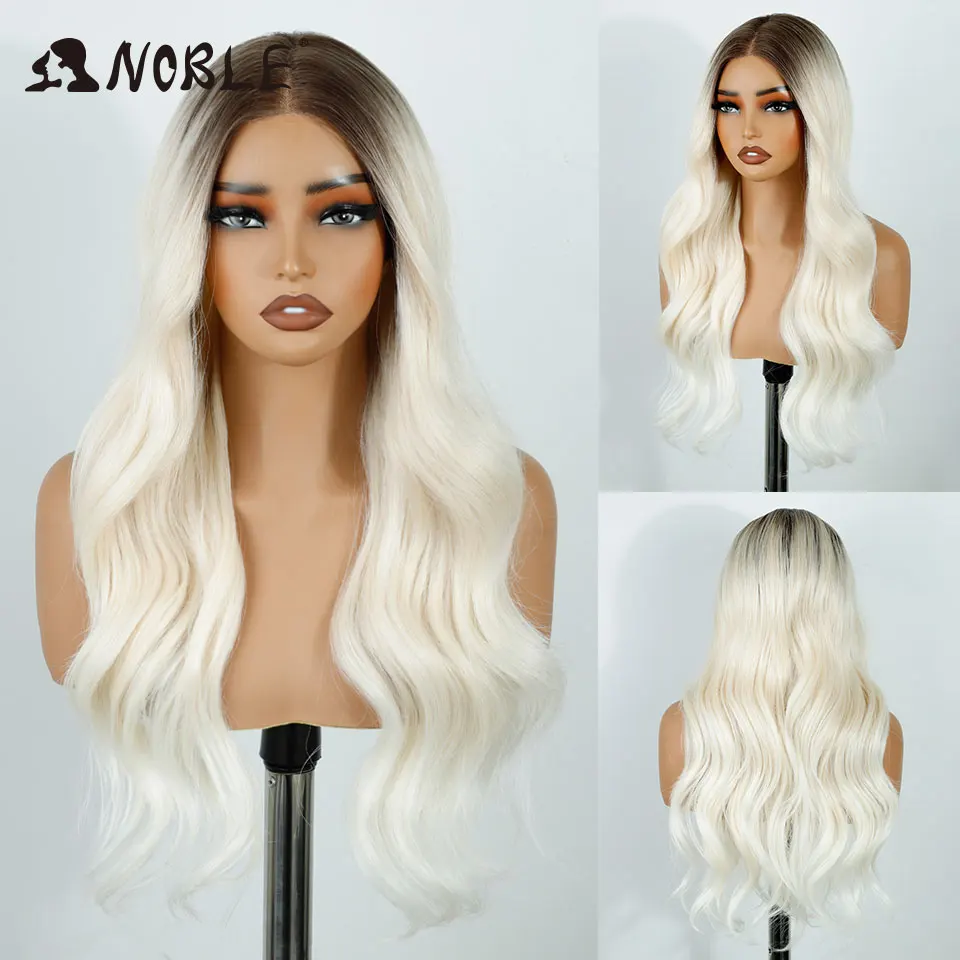 Noble Synthetic Lace Front Wigs For Women 26 Inch Long Wavy Ombre Blonde White Highlight Pre Plucked Pre-Cut Cosplay Lace Wigs